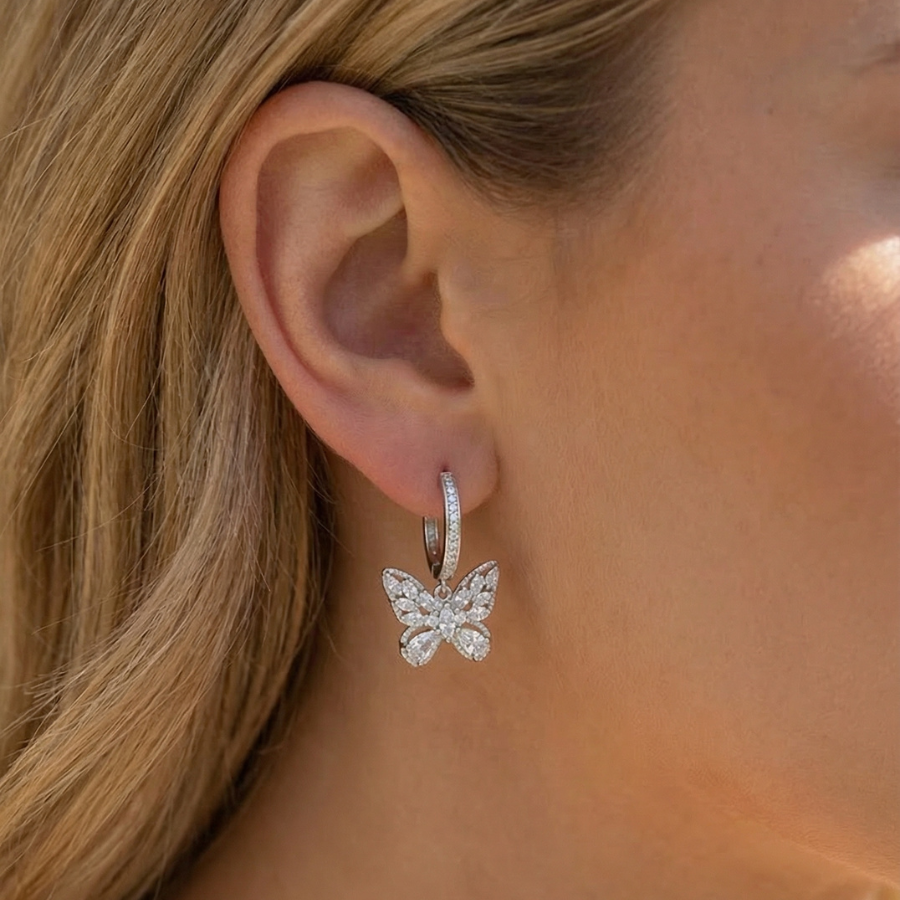 Round Butterfly Necklace & Dangle Hoop Earrings Combo Set